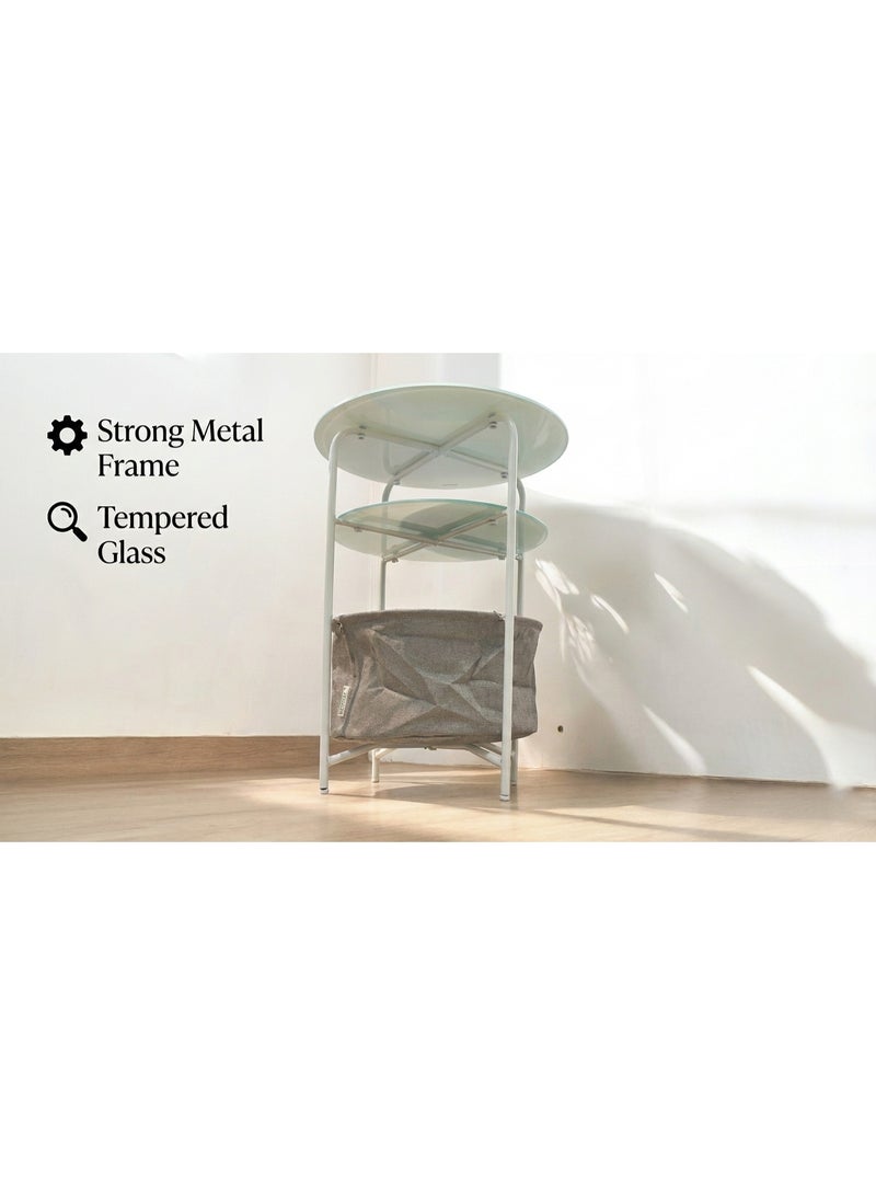3-Tier Modern Outdoor Side Table with Frosted Tempered Glass Tops and Integrated Storage Basket - Image 2